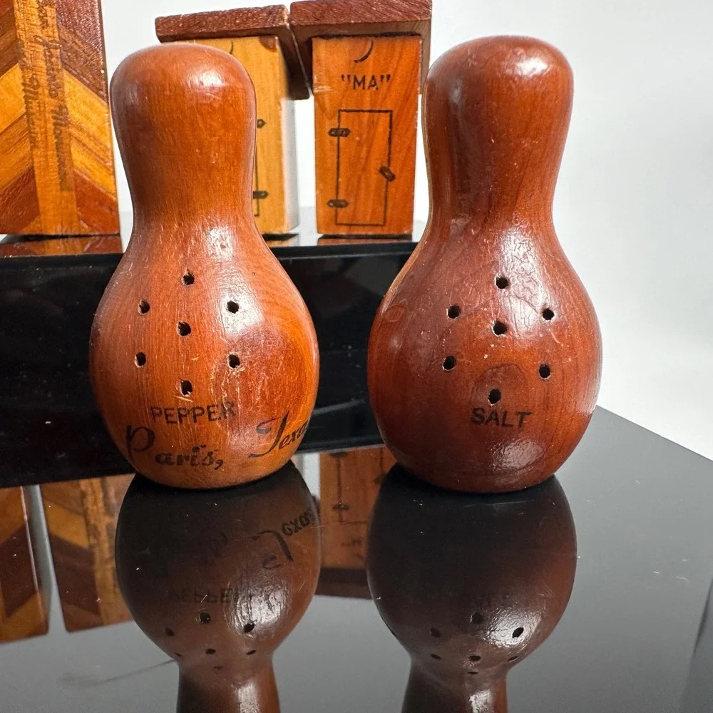 Vintage Salt Pepper Shaker Set Lot of 5 Wood Inlay Souvenir Novelty Rustic Mini